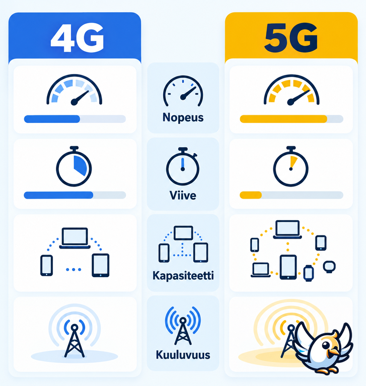 5G ja 4G vertailu: nopeus, viive, kapasiteetti ja kuuluvuus