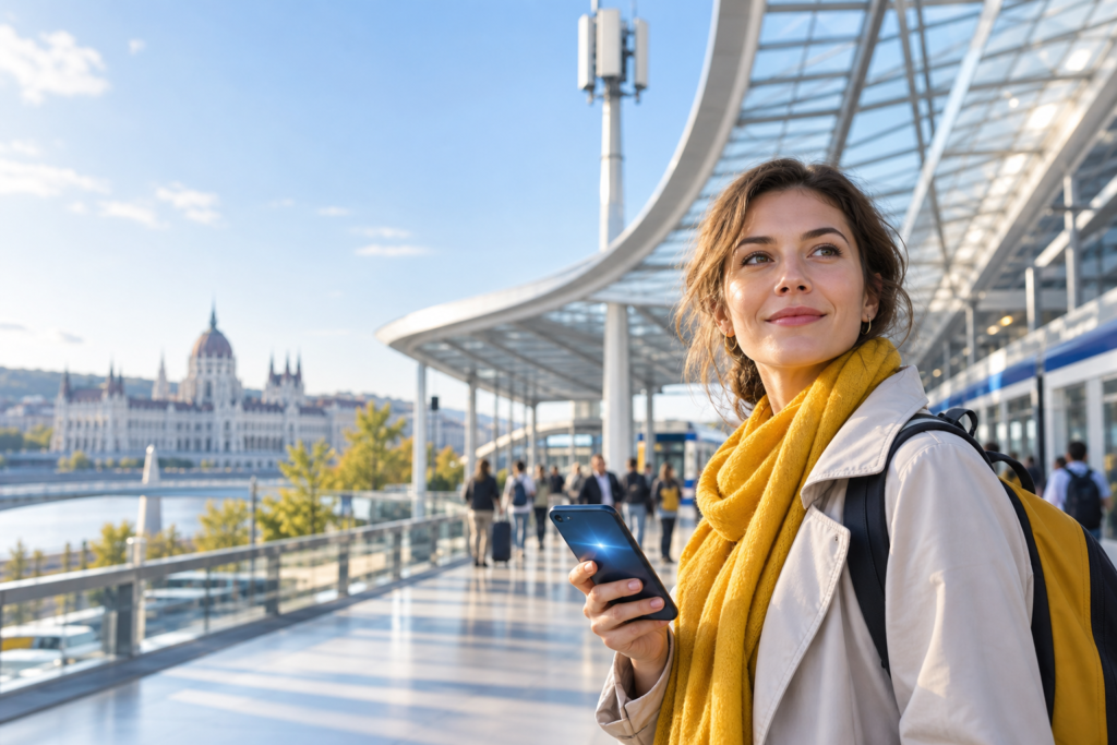 5G kapcsolatot használó utazó okostelefonnal egy modern városi környezetben