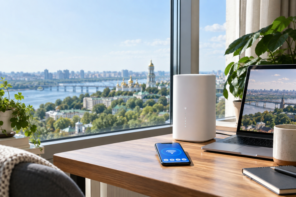 5G модем для дому: сучасний роутер поруч із ноутбуком і смартфоном