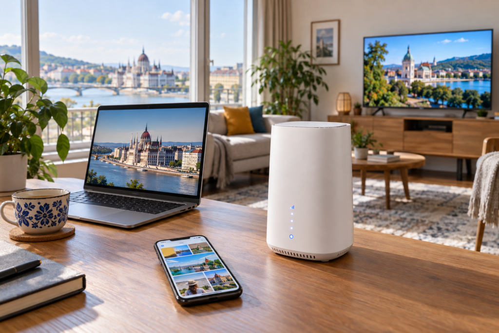 5G modem otthoni használatra, modern Wi‑Fi router egy világos lakásban