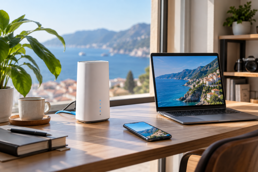 5G modem providing fast home internet to a laptop and smartphone