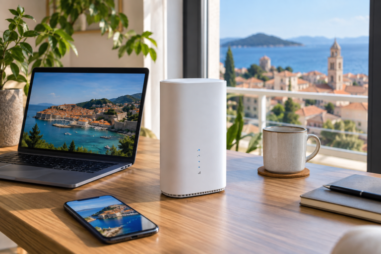 5G modem u modernom kućnom uredu povezan s prijenosnim računalom i pametnim telefonom