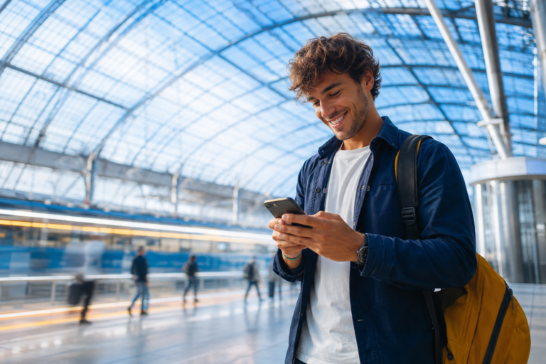 5G og eSIM på reise: reisande med rask mobiltilkopling på smarttelefon