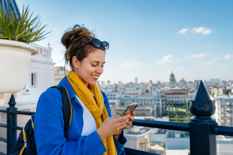 5G para viajar con eSIM: viajera conectada con su móvil en una ciudad moderna