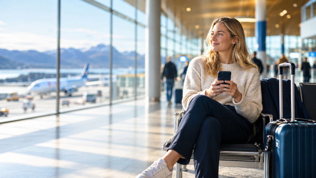 5G: reisande brukar ein moderne smarttelefon på ein norsk flyplass