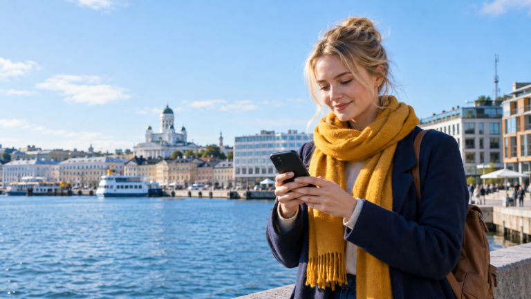 5G Suomessa: älypuhelinta käyttävä henkilö Helsingin kaupunkimaisemassa