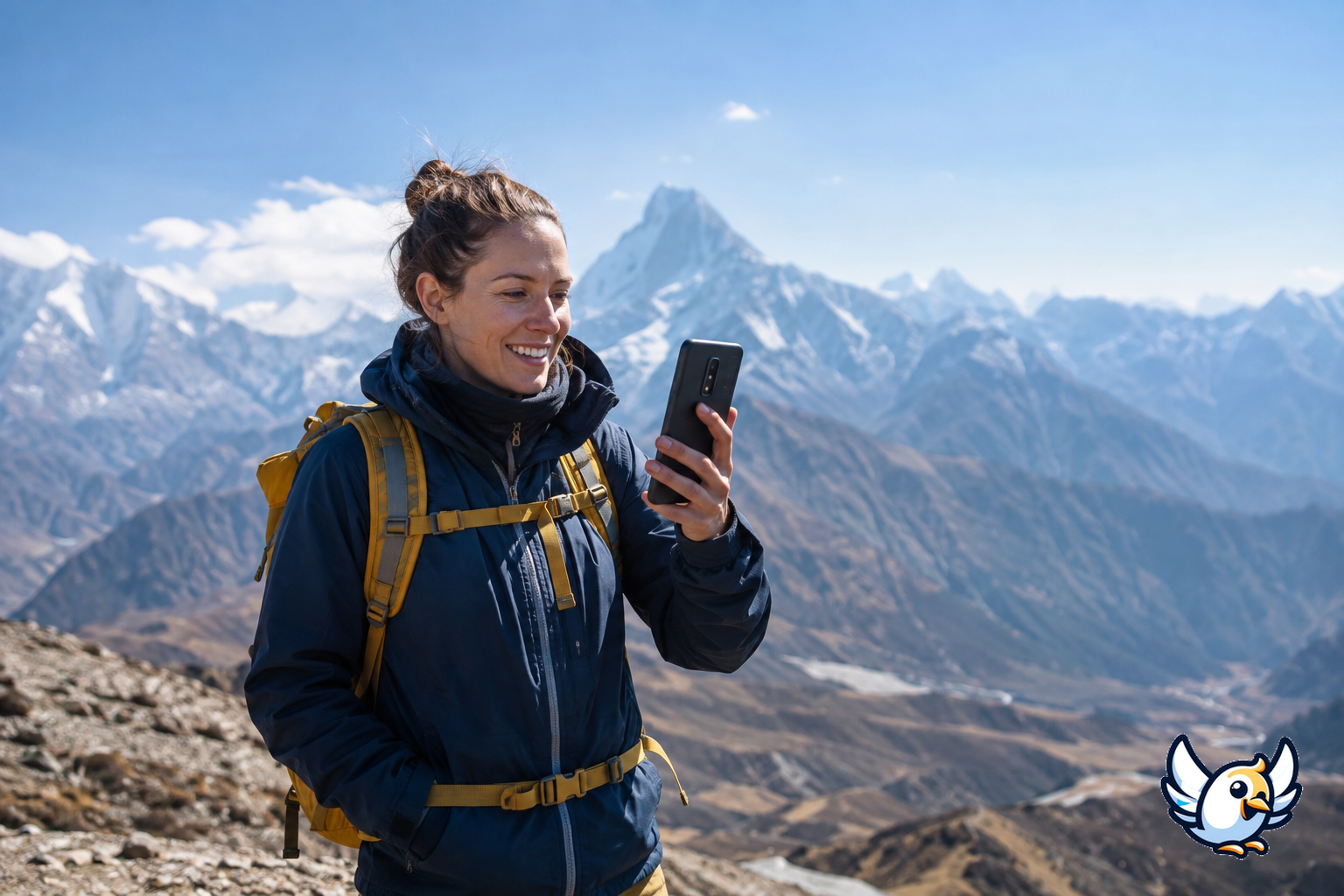 5G via Satellit iPhone: Reisender prüft mobiles Netz in abgelegener Berglandschaft