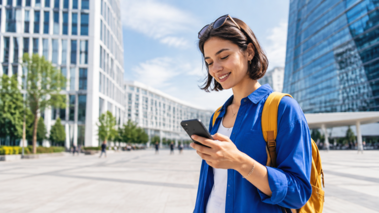 5G: viajante com smartphone ligado à internet móvel rápida em viagem