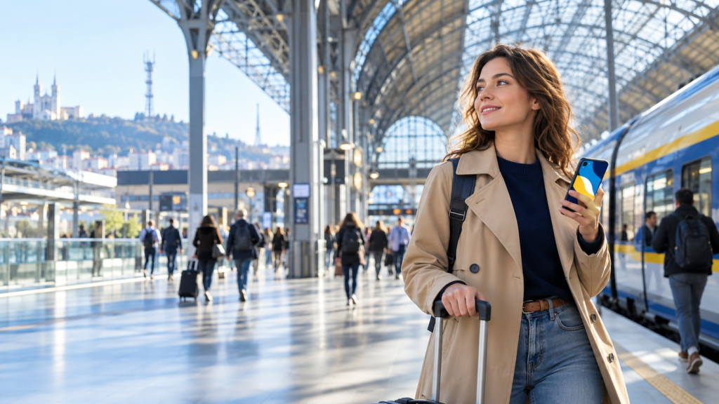 5G : voyageur utilisant un smartphone connecté dans une gare moderne