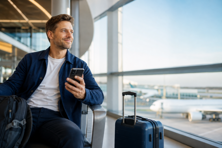 5G w telefonie: podróżny korzysta z szybkiego internetu mobilnego na lotnisku