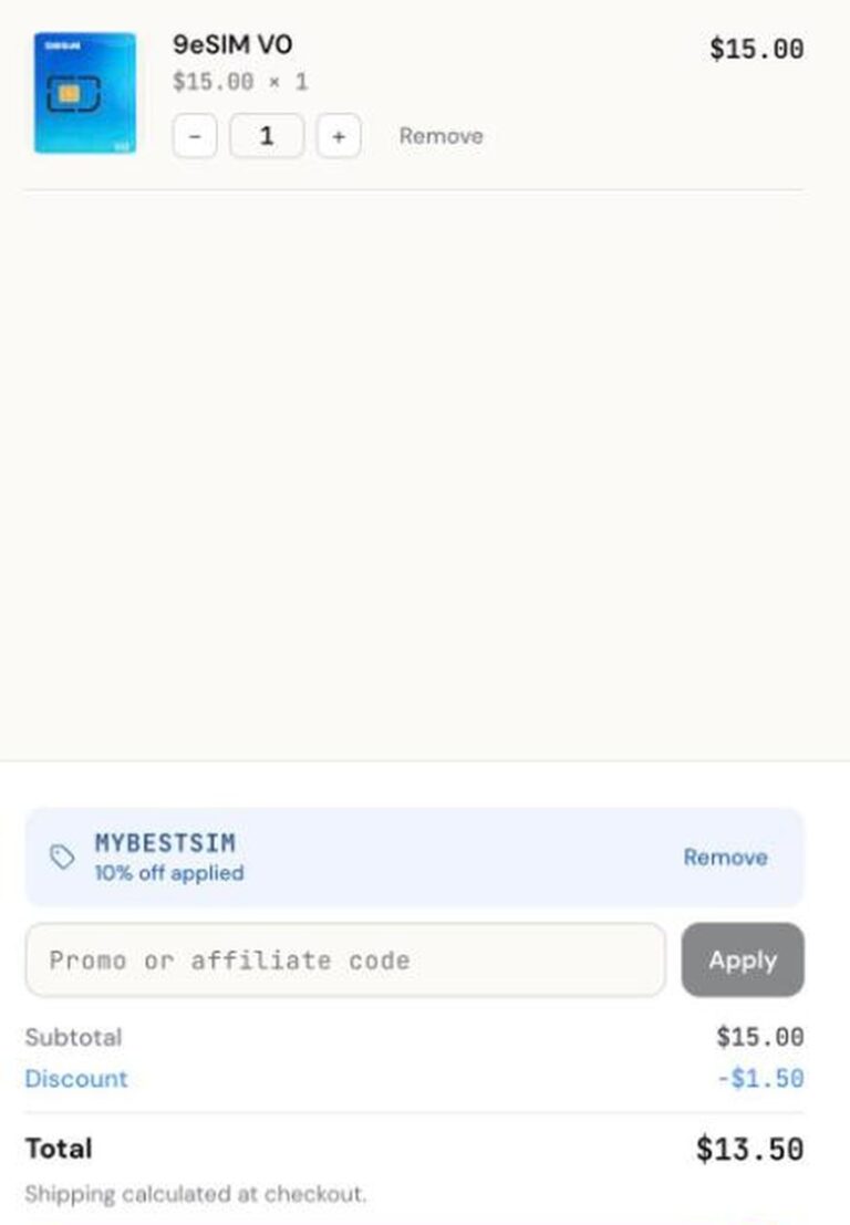 Ordresammendrag fra 9esim med rabattkoden MYBESTSIM brukt og -10% rabatt