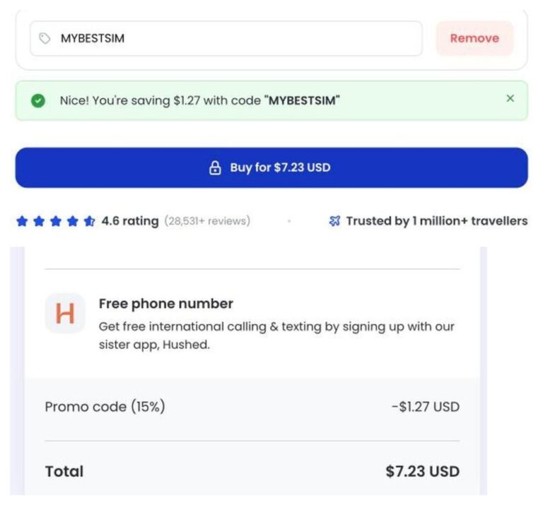 Ordresammendrag fra aloSIM med rabattkoden MYBESTSIM brukt og -15% rabatt