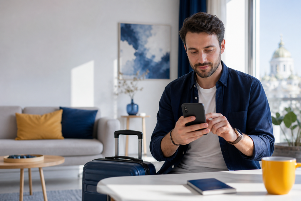 ANCOM roaming permanent 2027: utilizator român verificând roamingul pe telefon înainte de călătorie