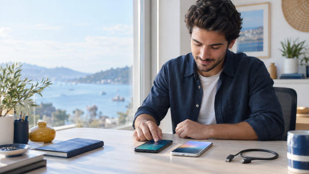Android veri aktarma sırasında eski ve yeni telefonunu bağlayan kullanıcı