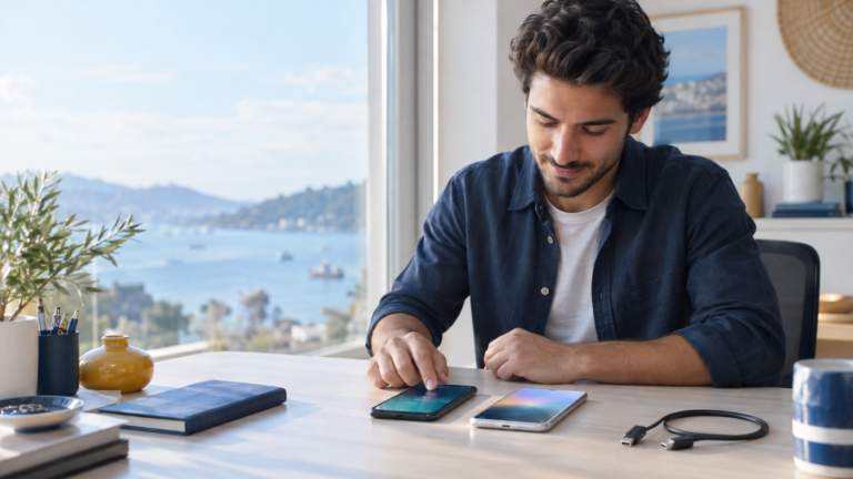 Android veri aktarma sırasında eski ve yeni telefonunu bağlayan kullanıcı