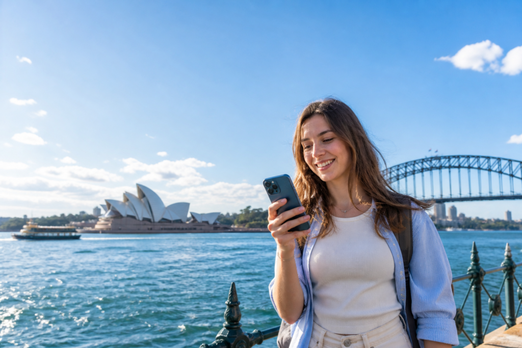 Australia roaming rules: traveller checking mobile service reliability in Sydney