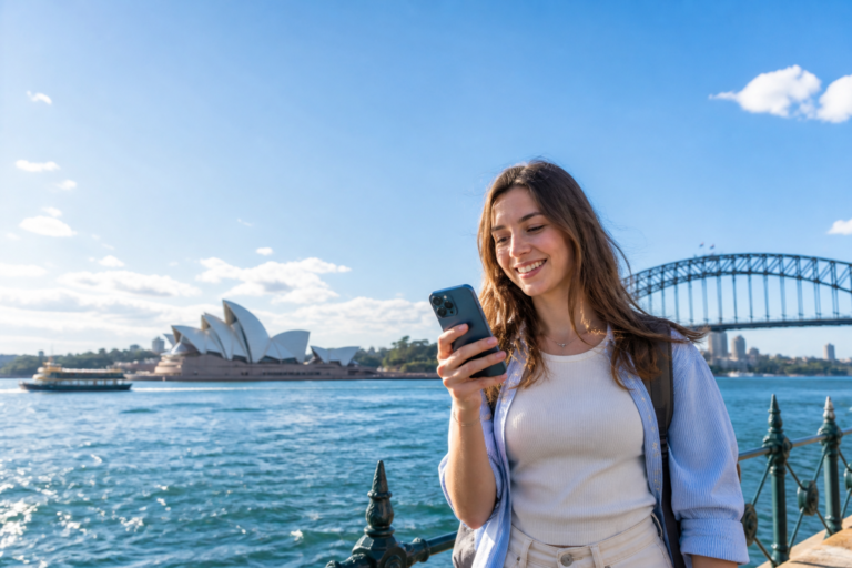 Australia roaming rules: traveller checking mobile service reliability in Sydney