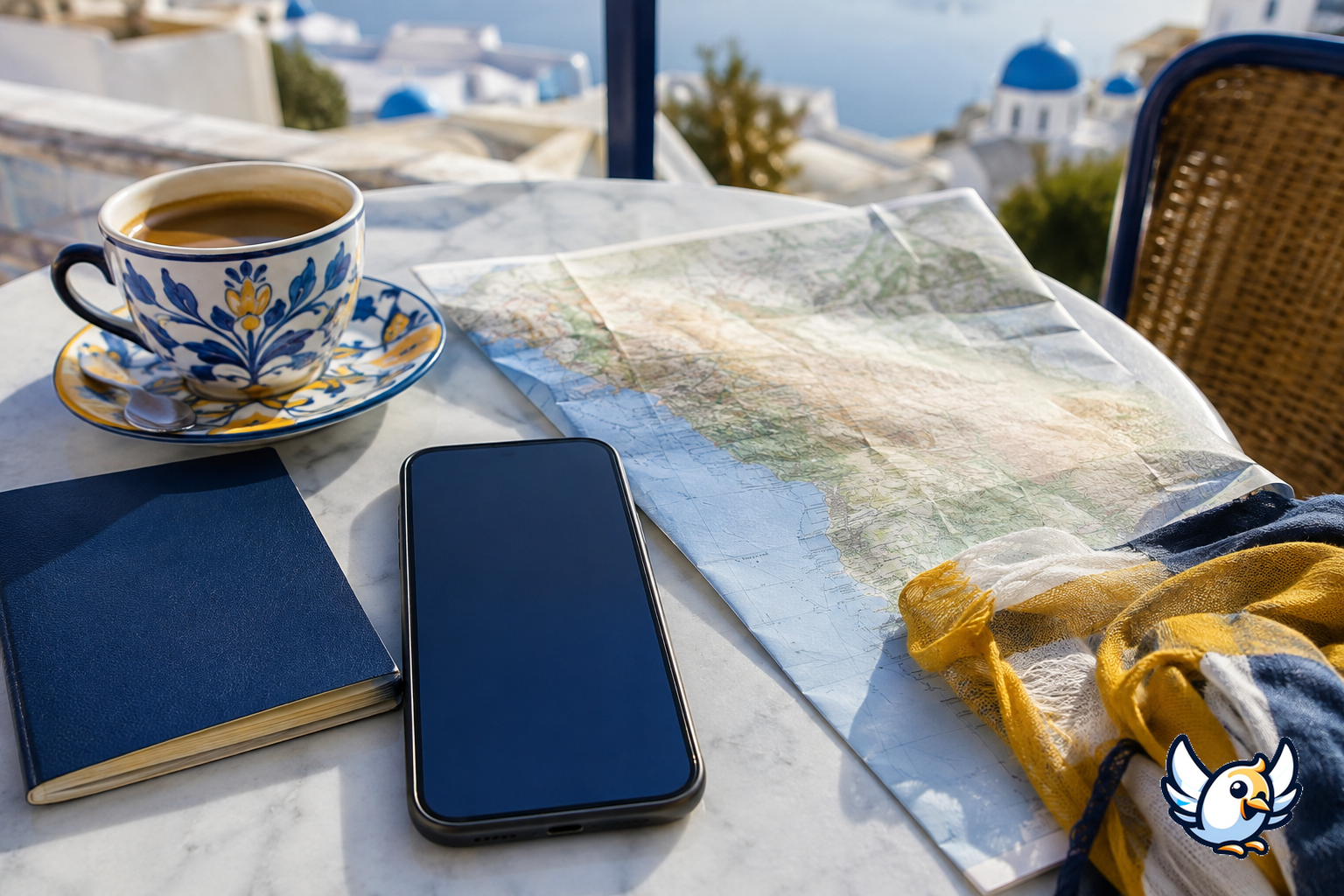 Balkan eSIM: paspoort, telefoon en routekaart van de Westelijke Balkan op een cafétafel