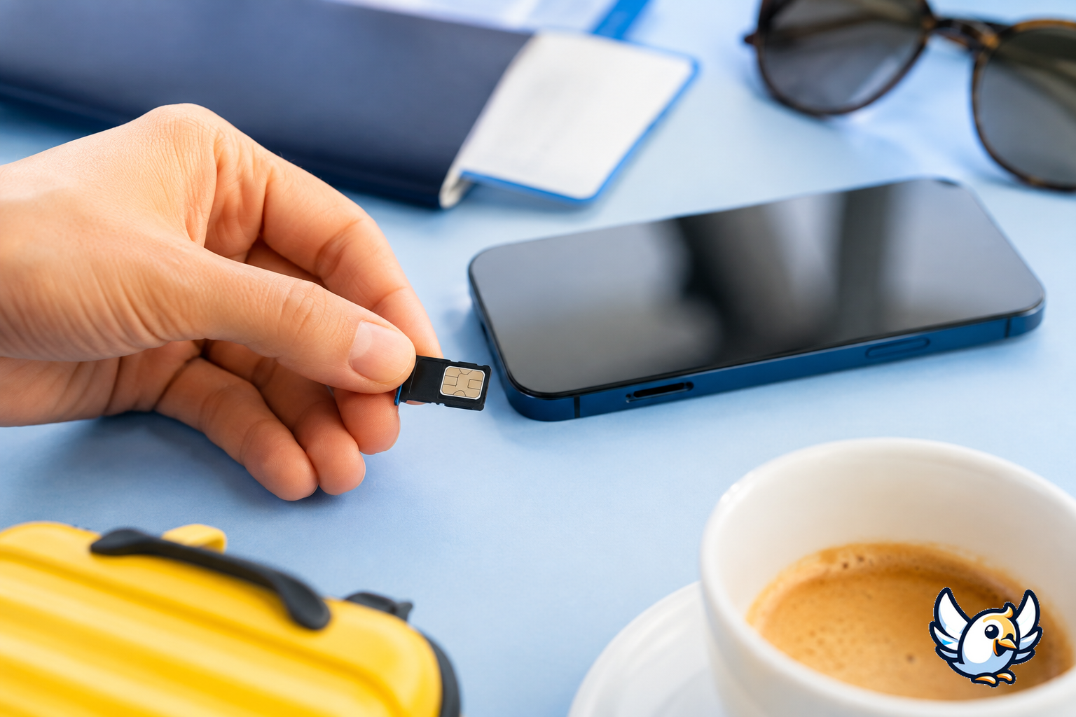 Bandeja nano-SIM junto a un iPhone moderno para doble SIM