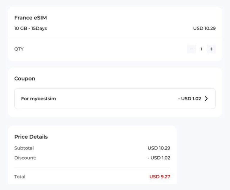 Ordresammendrag fra Billion connect med rabattkoden MYBESTSIM brukt og -10% rabatt