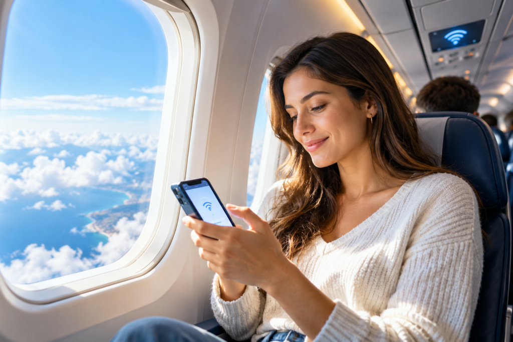 Can I get WiFi on a plane? Passenger using inflight internet by an airplane window