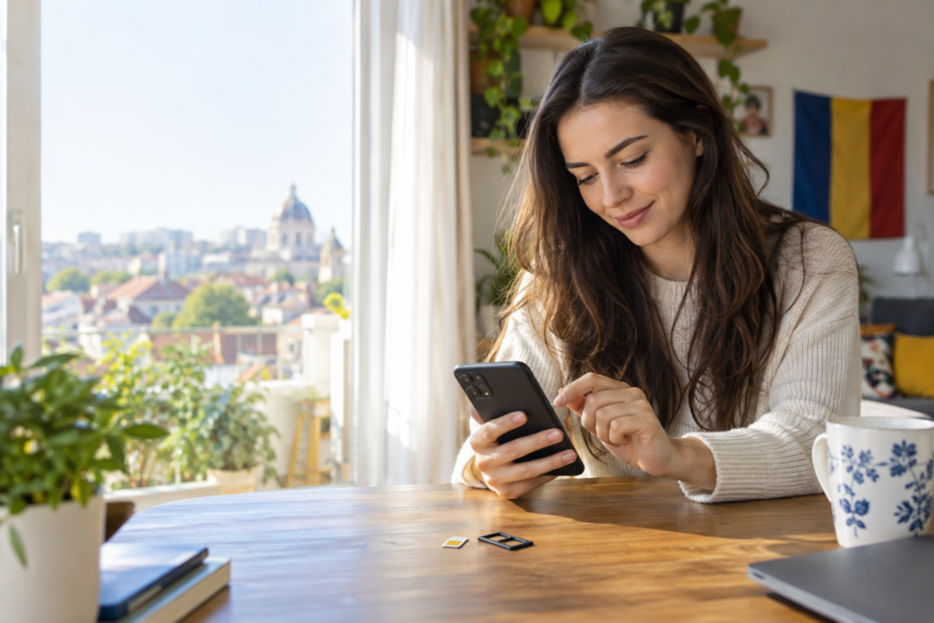 Cartelă prepay: utilizatoare din România configurând telefonul cu o cartelă SIM preplătită