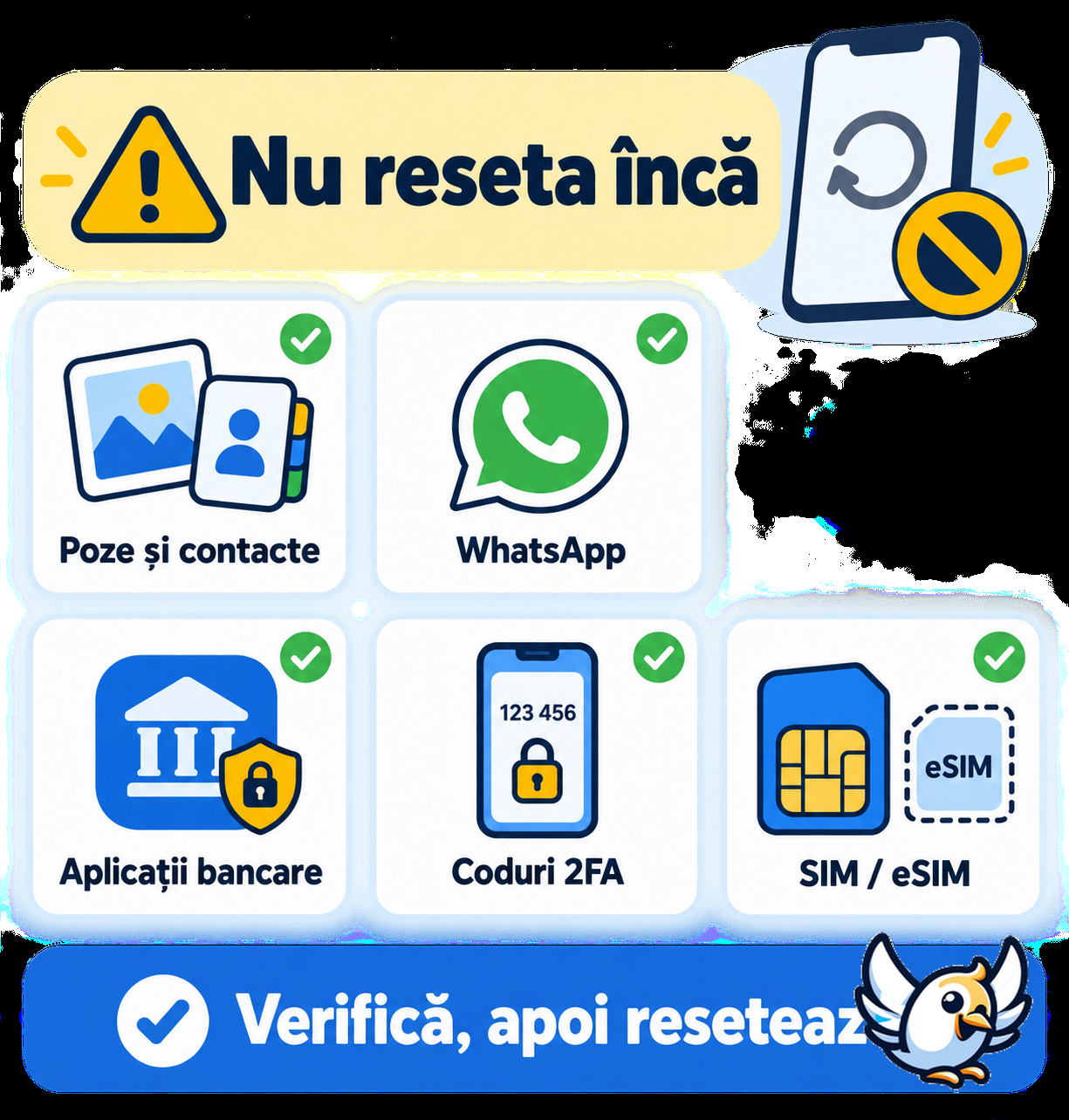 Checklist transfer date: verificări înainte de resetarea telefonului vechi