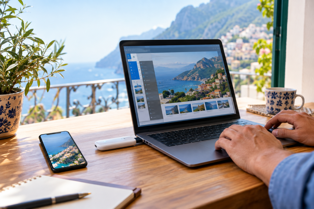 Chiavetta internet 4G collegata a un portatile per lavorare online in mobilità