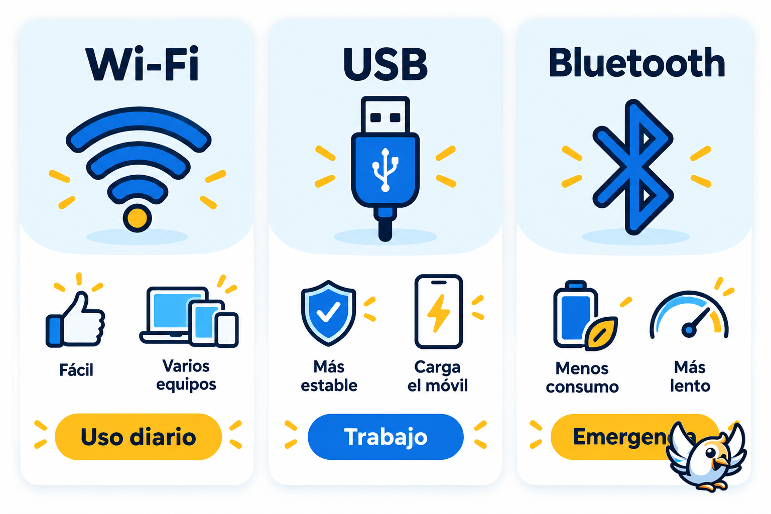 Comparación entre Wi-Fi, USB y Bluetooth para compartir internet