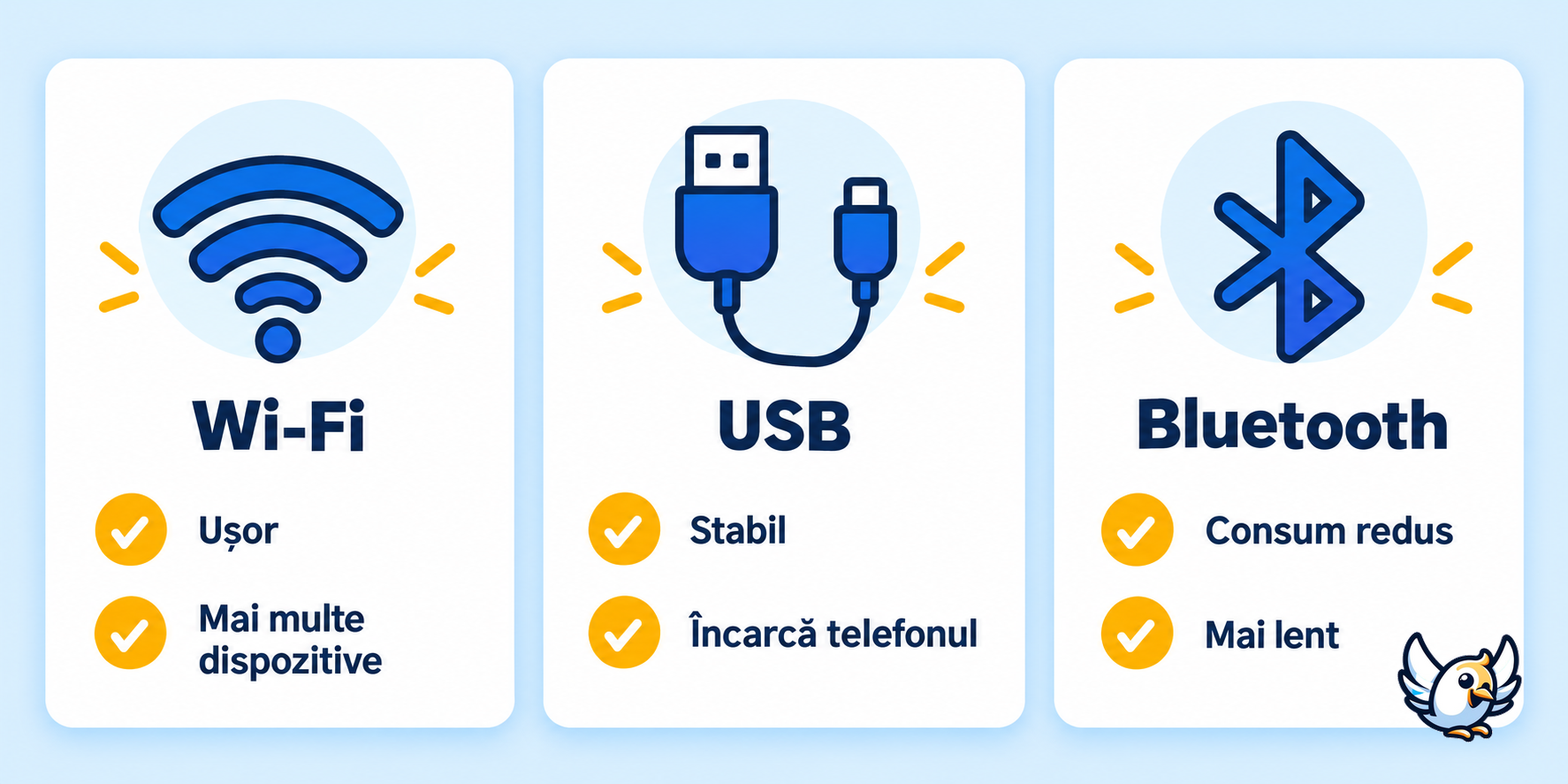 Comparație între hotspot Wi-Fi, tethering USB și Bluetooth