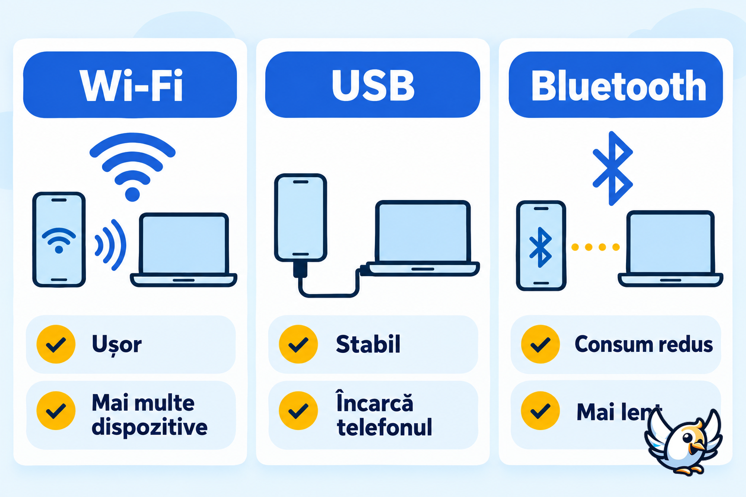 Comparație între hotspot Wi‑Fi, tethering USB și Bluetooth