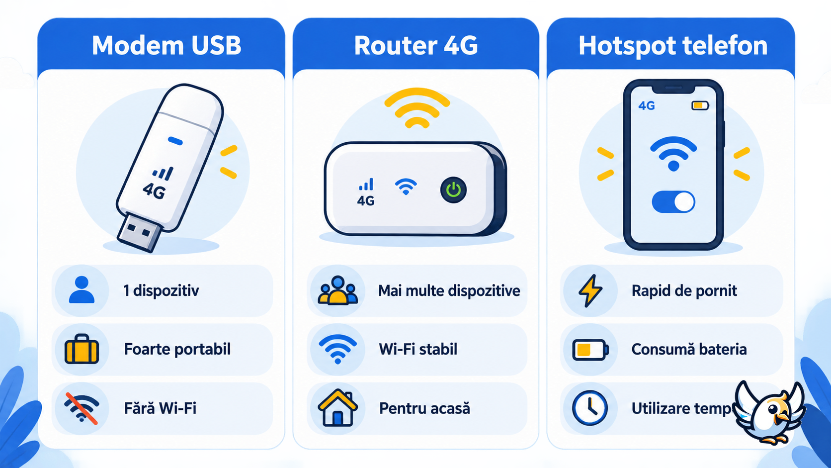 Comparație între modem 4G USB, router 4G și hotspot de pe telefon
