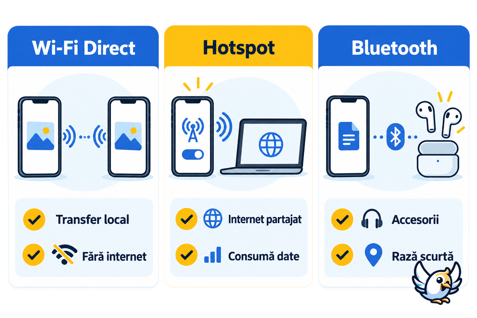 Comparație WiFi Direct, hotspot și Bluetooth pentru transfer și internet