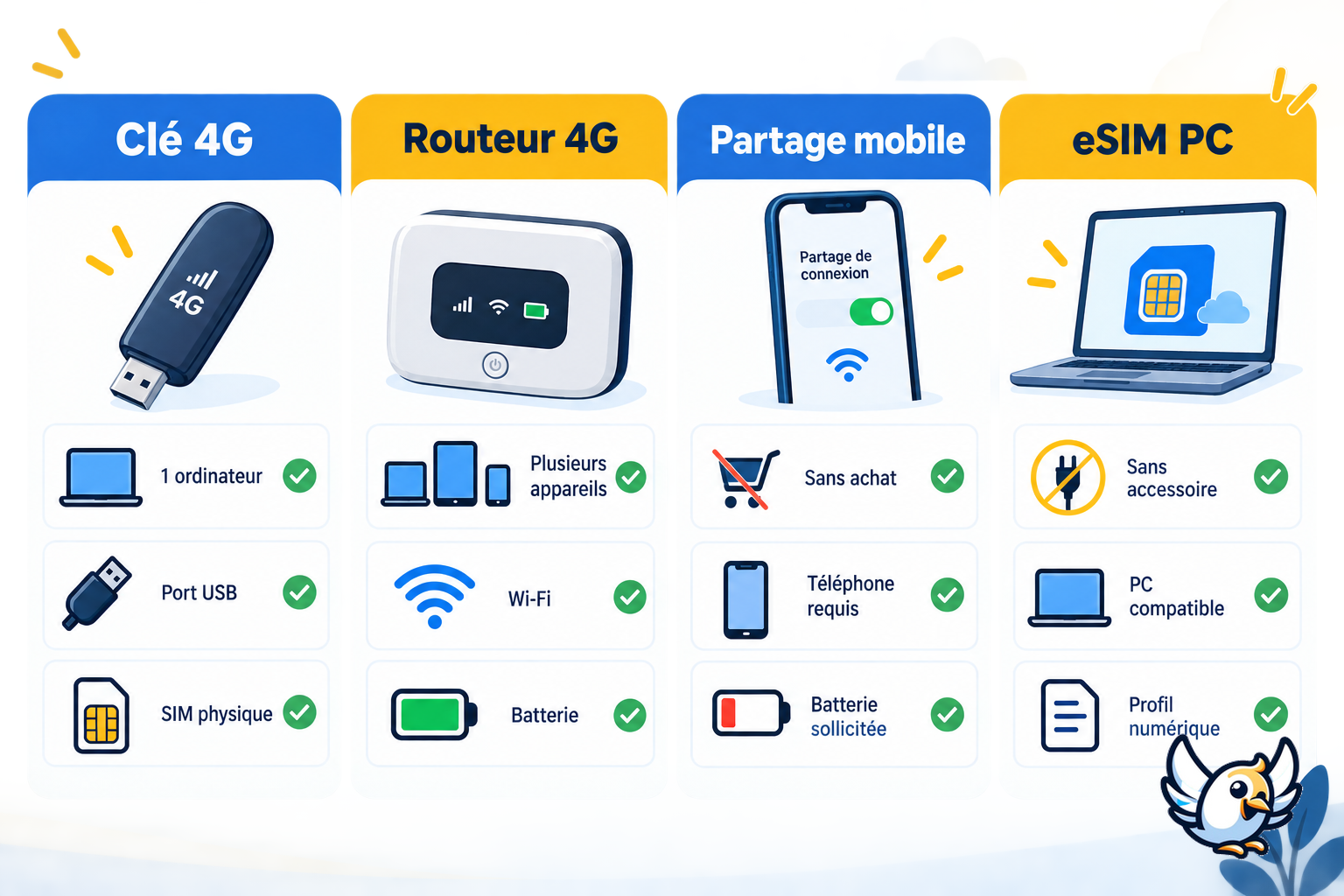 Comparatif clé 4G, routeur 4G, partage de connexion et eSIM pour ordinateur