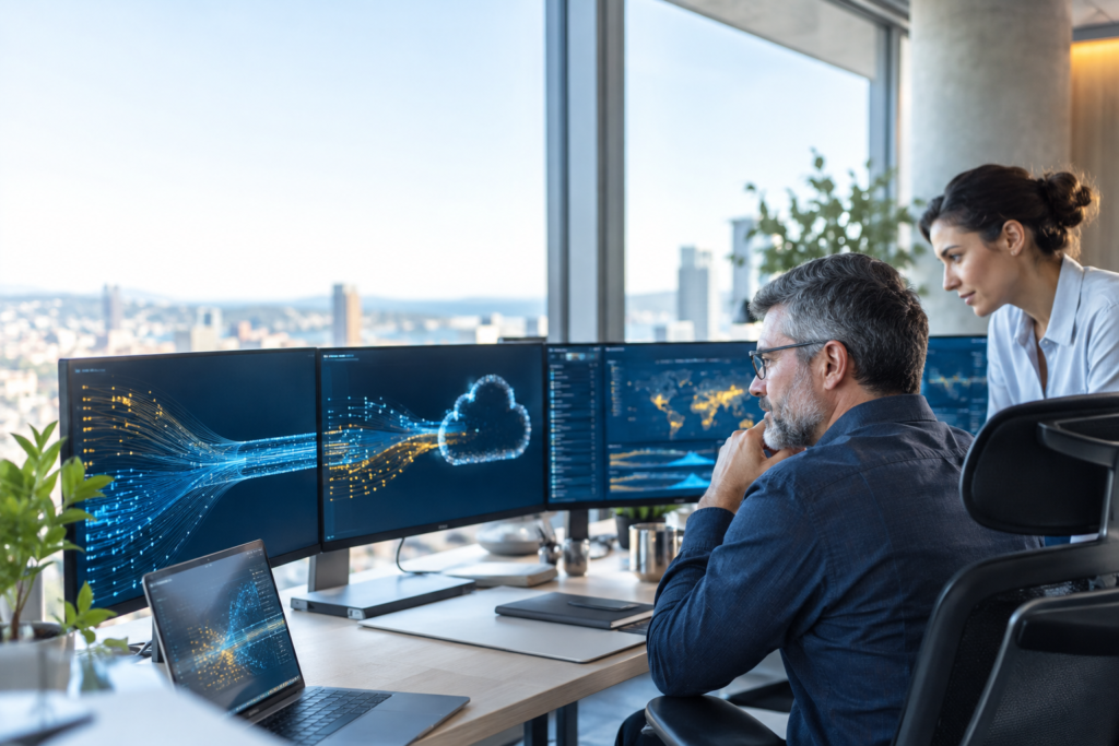 Data migration team monitoring a secure transfer between legacy and cloud systems