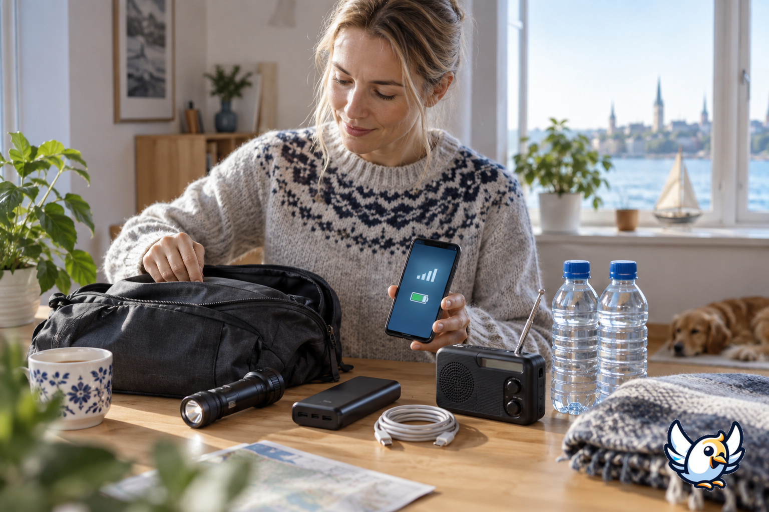 Préparation aux pannes mobiles en Estonie avec téléphone, batterie externe et radio