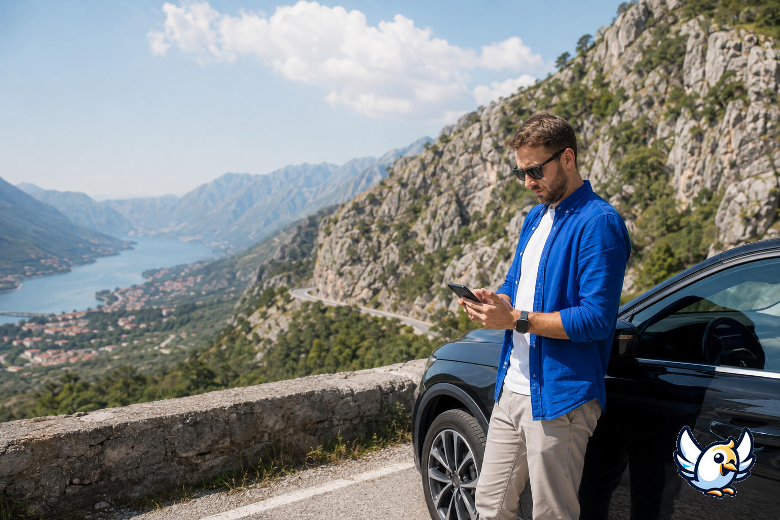 eSIM Balkan: reiziger met smartphone en huurauto op een bergroute in Montenegro