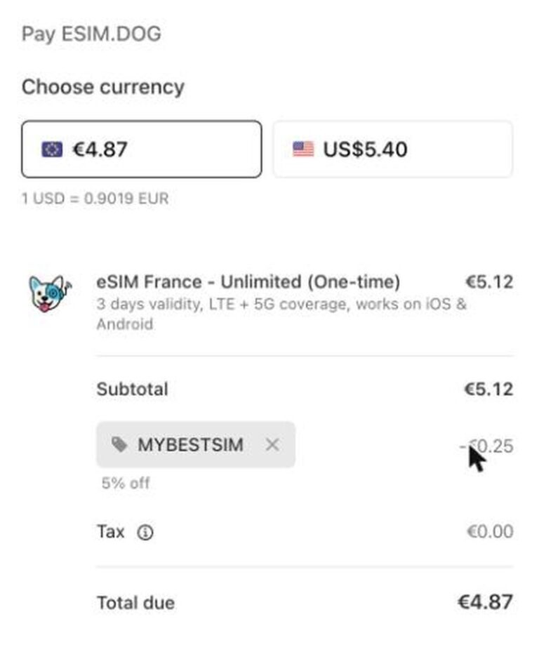 Ordreoversigt fra eSIM.DOG med rabatkoden MYBESTSIM anvendt og -5% rabat