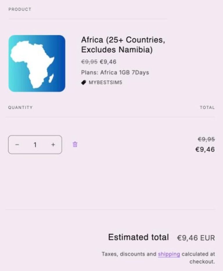 Ordresammendrag fra eSIM Forever med rabattkoden MYBESTSIM5 brukt og -5% rabatt