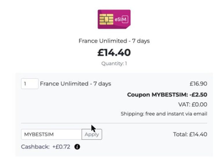 Resumen del pedido de eSIM.sm (Quibity) con el código descuento MYBESTSIM aplicado y -15% de descuento