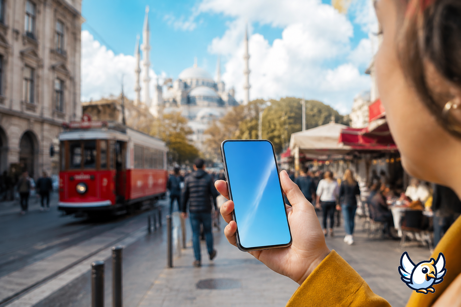 eSIM Türkei: Reisender prüft mobile Daten in Istanbul
