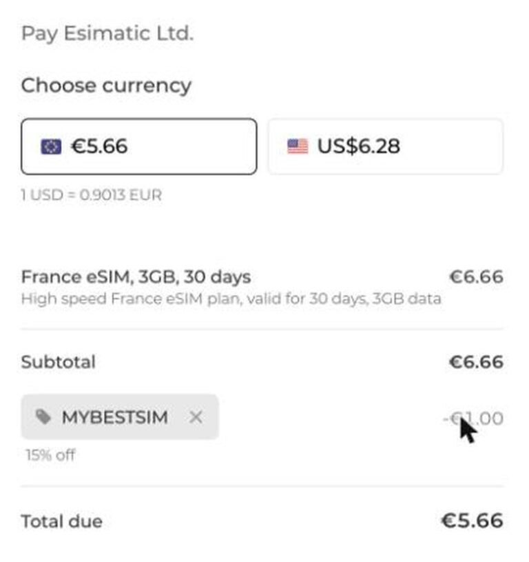Ordresammendrag fra Esimatic med rabattkoden MYBESTSIM brukt og -15% rabatt