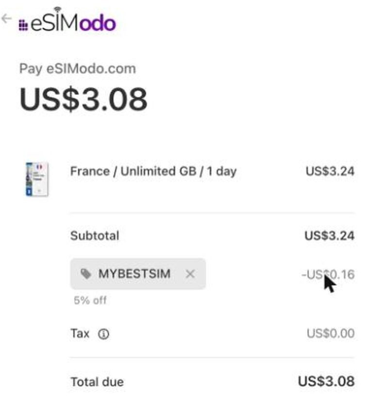 Ordresammendrag fra eSIModo med rabattkoden MYBESTSIM brukt og -5% rabatt