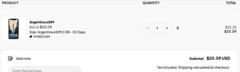 esimtrav-Bestellübersicht mit angewendetem Gutscheincode MYBESTSIM und -10% Rabatt
