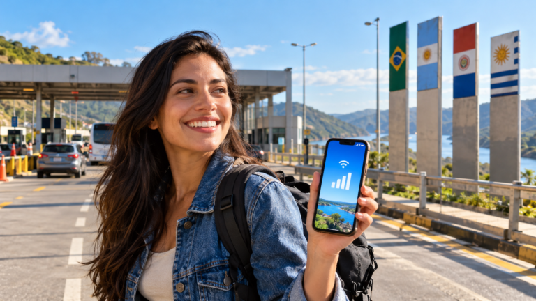 Fim do roaming internacional no Mercosul em 2026: viajante usando celular na fronteira entre Brasil e Argentina