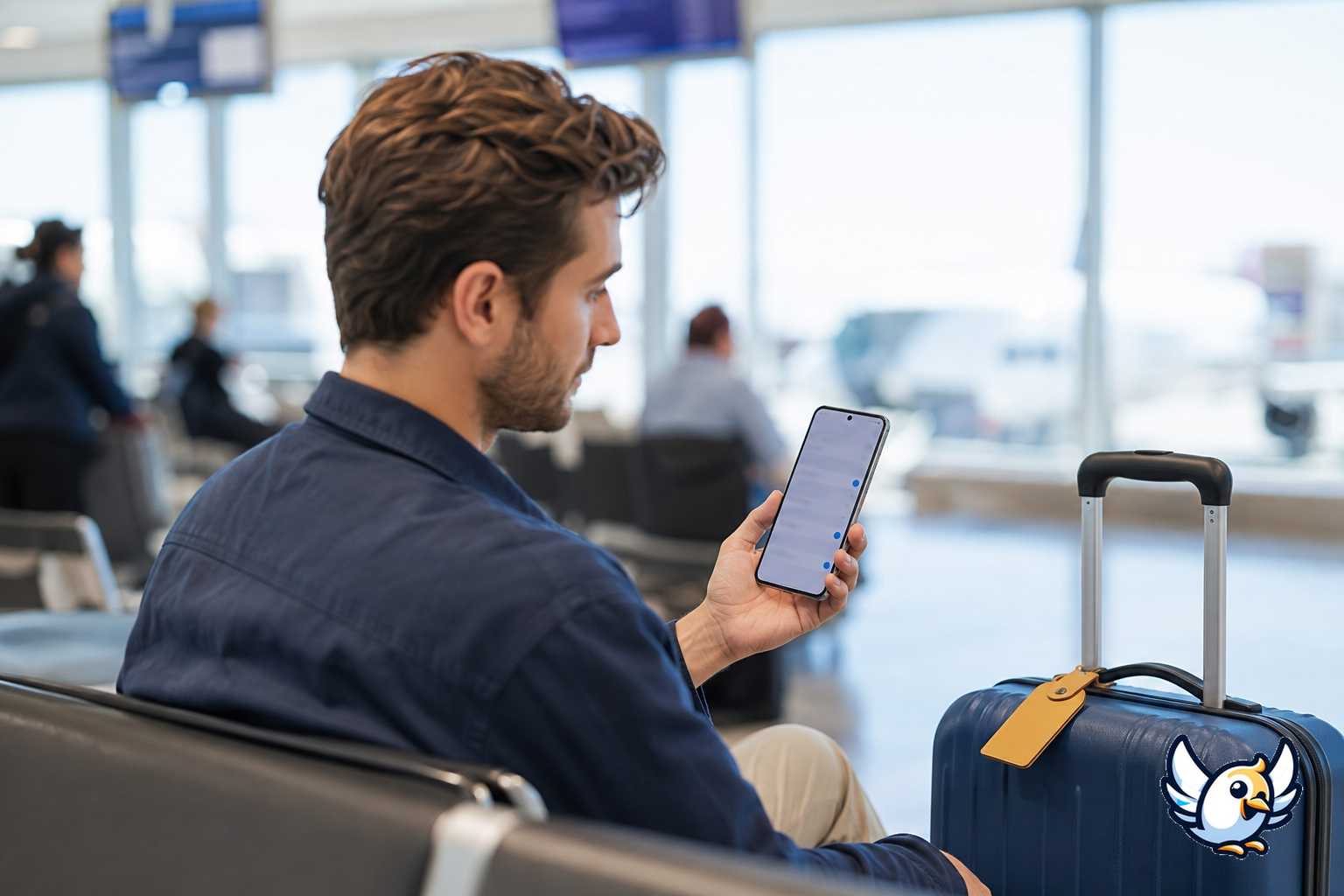 空港でGalaxy S25の旅行用eSIM設定を確認する旅行者