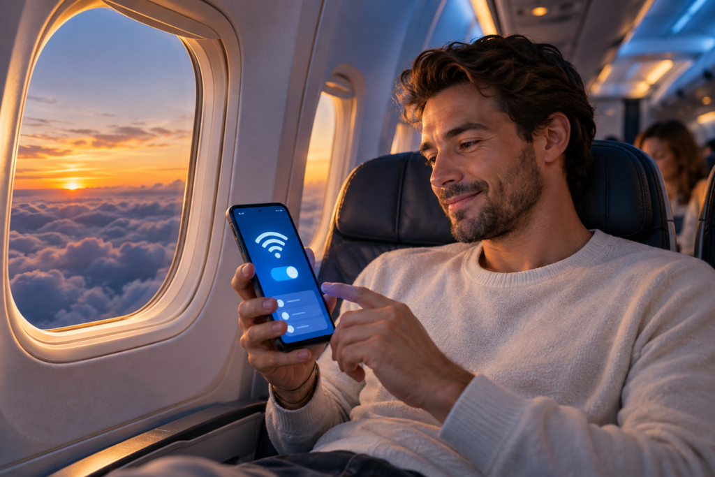 Gibt es WLAN im Flugzeug: Reisender nutzt Bord-WLAN während eines Nachtflugs