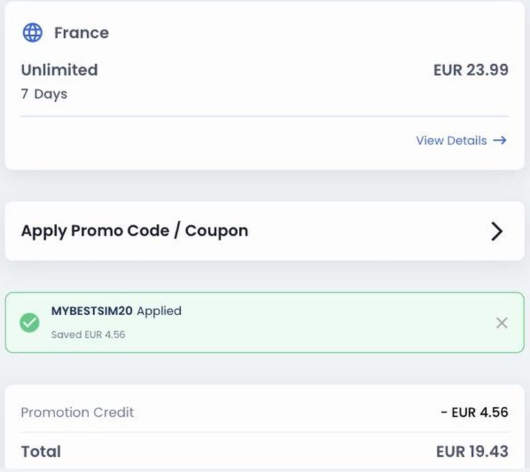 Ordresammendrag fra Gigsky med rabattkoden MYBESTSIM20 brukt og -20% rabatt