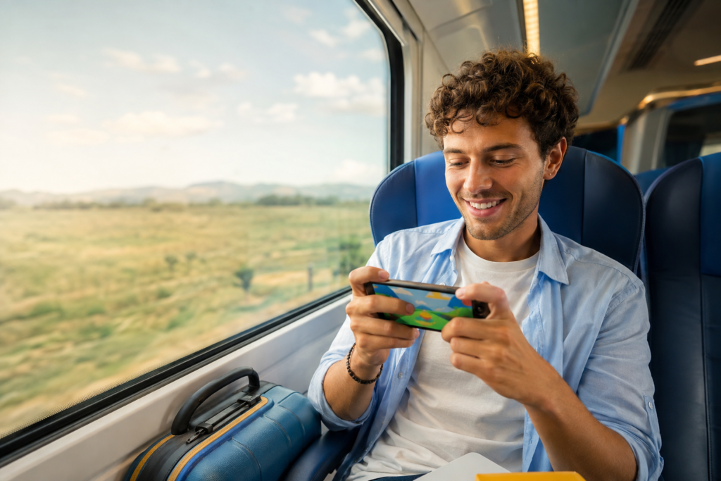 Giochi senza WiFi: viaggiatrice italiana gioca offline sullo smartphone in treno