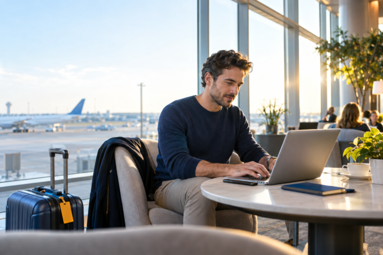 Hotspot meaning illustrated by a traveler sharing phone data with a laptop
